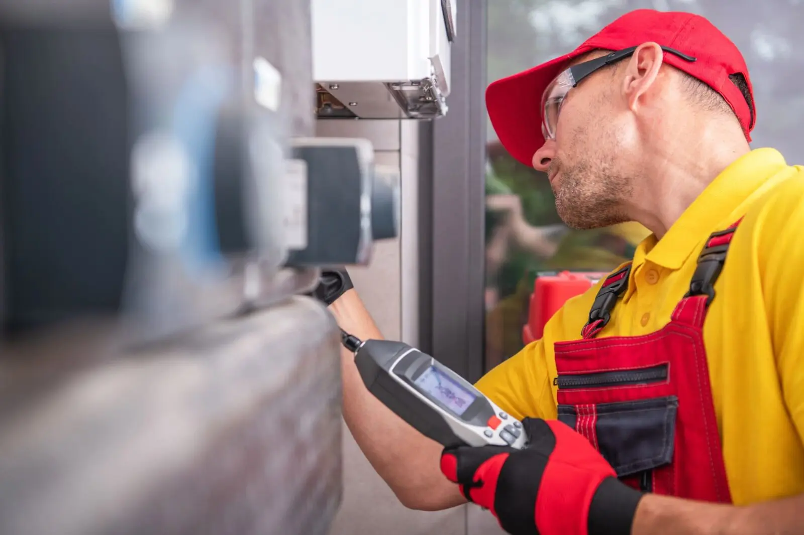 Technician with Gas Leak Detector Performing Scheduled Check Technician with Gas Leak Detector Performing Scheduled Check