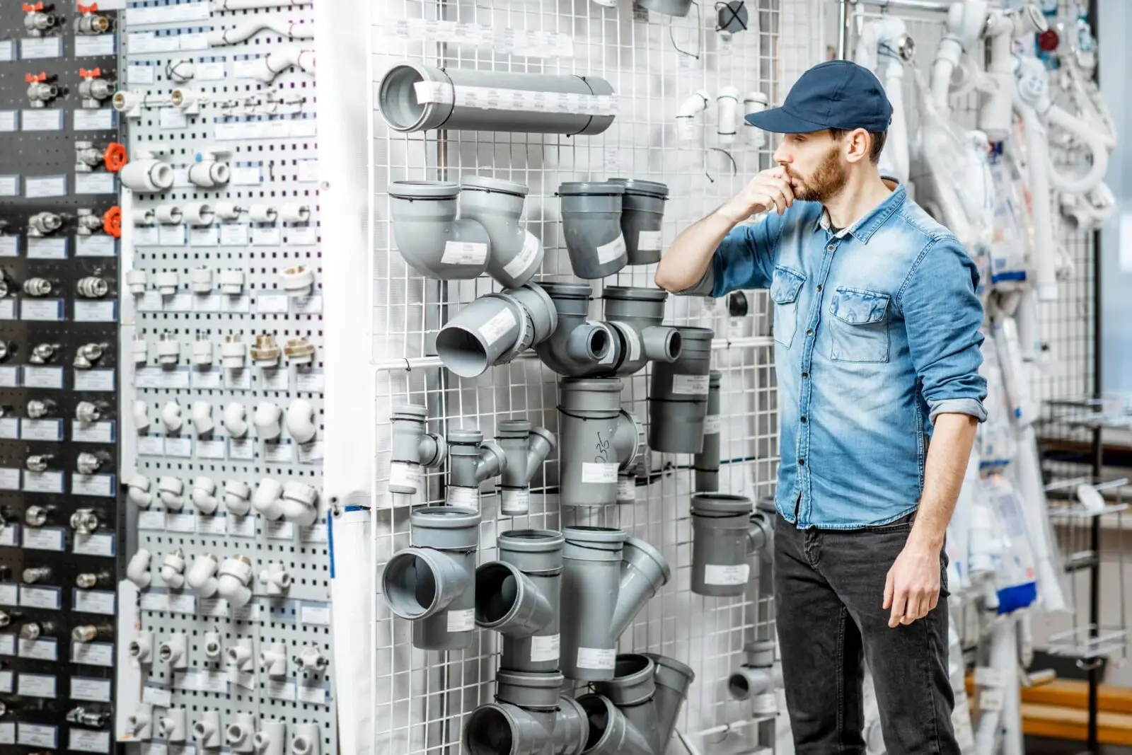 Man choosing pipes in the plumbing shop Man choosing pipes in the plumbing shop