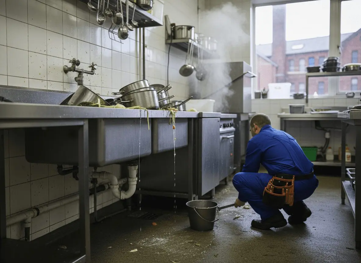 Commercial kitchen plumbing installation with stainless steel pipework and drainage