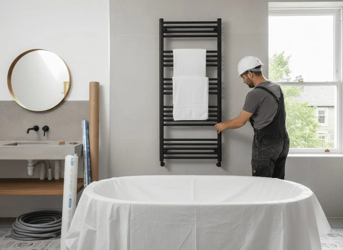 Heated towel rail bathroom Chrome heated towel rail fitted in a bathroom with central heating connection