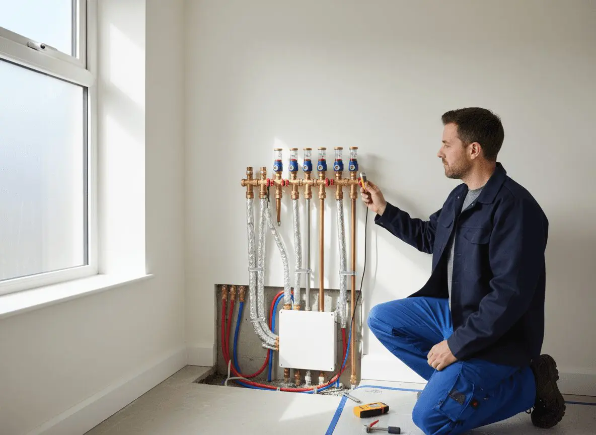 Engineer checking underfloor heating manifold flow and return settings