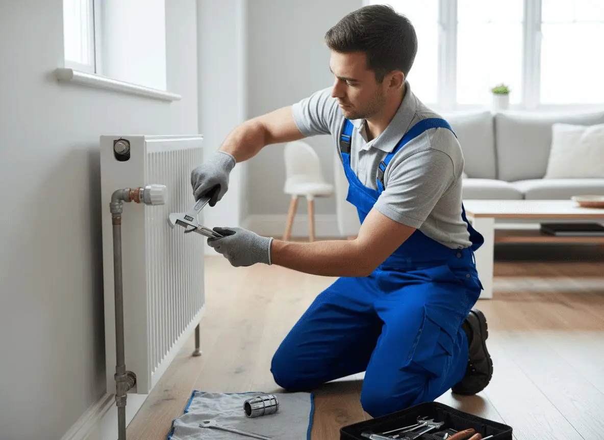 Engineer replacing a thermostatic radiator valve on a central heating radiator