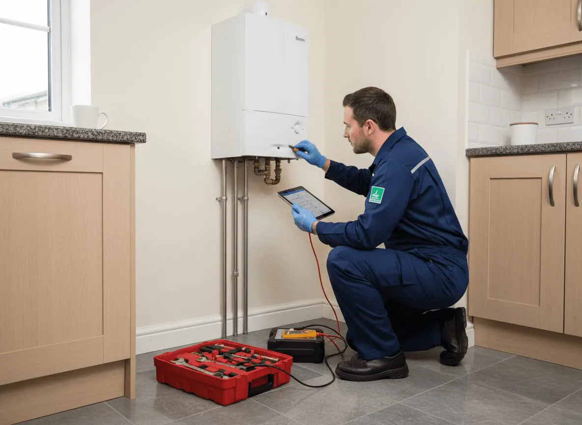 Gas Safe registered engineer inspecting a combi boiler during an annual landlord safety check