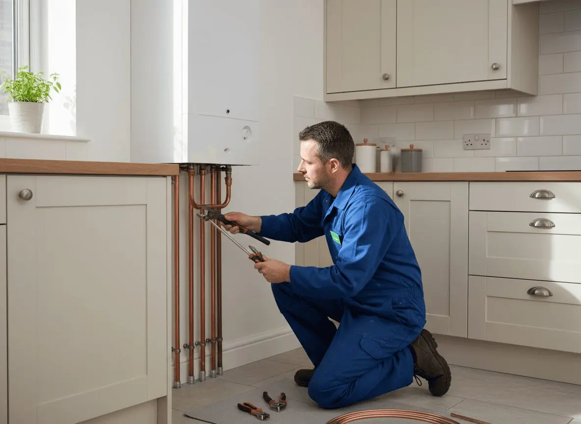 Plumber connecting copper pipework during a central heating installation in a South Yorkshire home