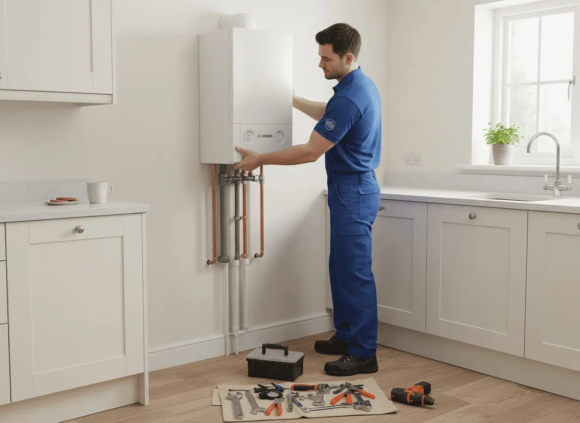 Engineer mounting a Worcester Bosch combi boiler on a kitchen wall during a landlord boiler installation