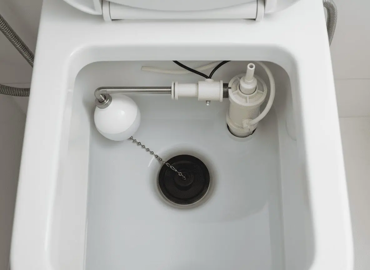 Overhead view of an open toilet cistern showing fill valve and flush mechanism