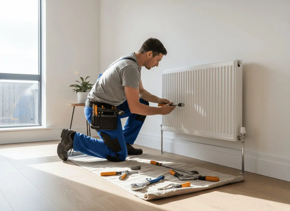 Plumber fitting a chrome column radiator in a residential property in Doncaster