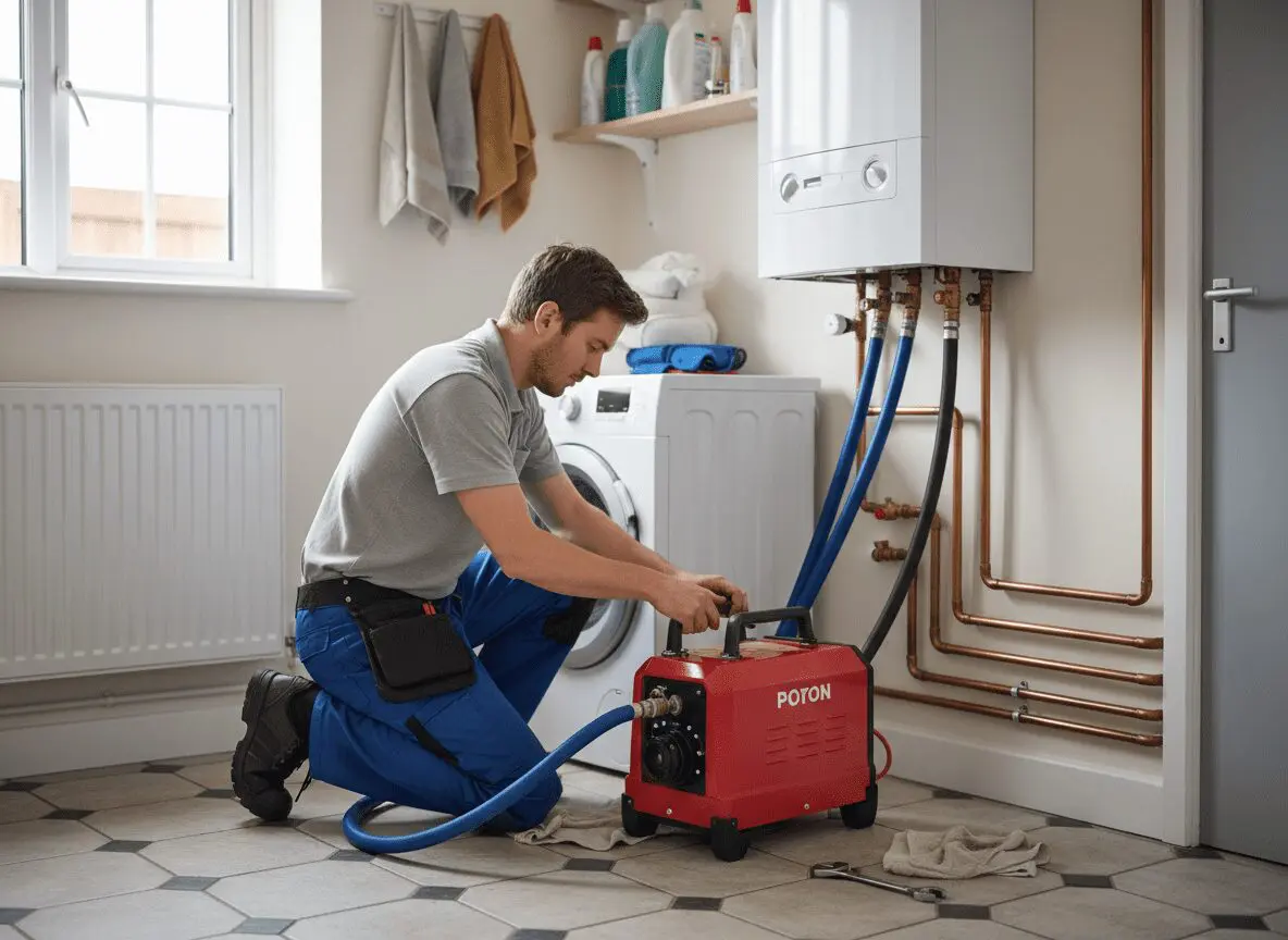 Power flush machine connected to a central heating system radiator circuit