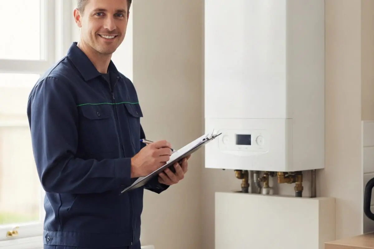 Gas Safe engineer carrying out a boiler check in a rented property