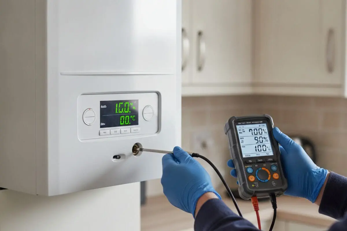 Gas Safe registered engineer carrying out a boiler service and recording the readings
