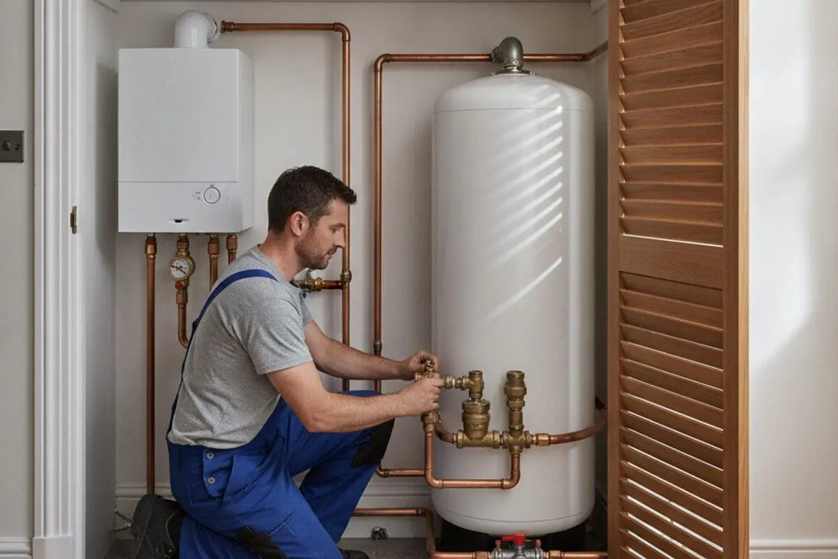 System boiler and hot water cylinder installation