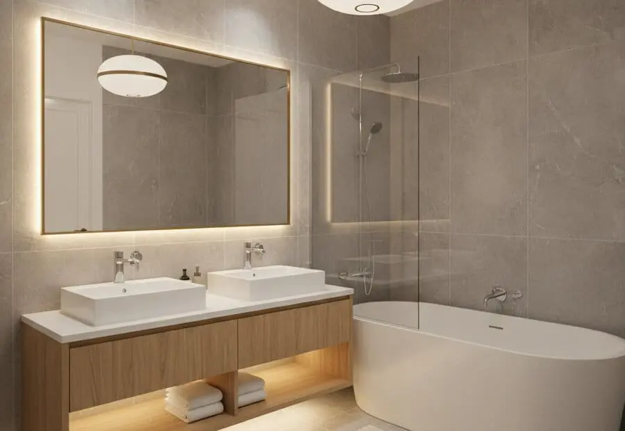 Modern fitted bathroom with a bath, twin basins and a mirrored cabinet