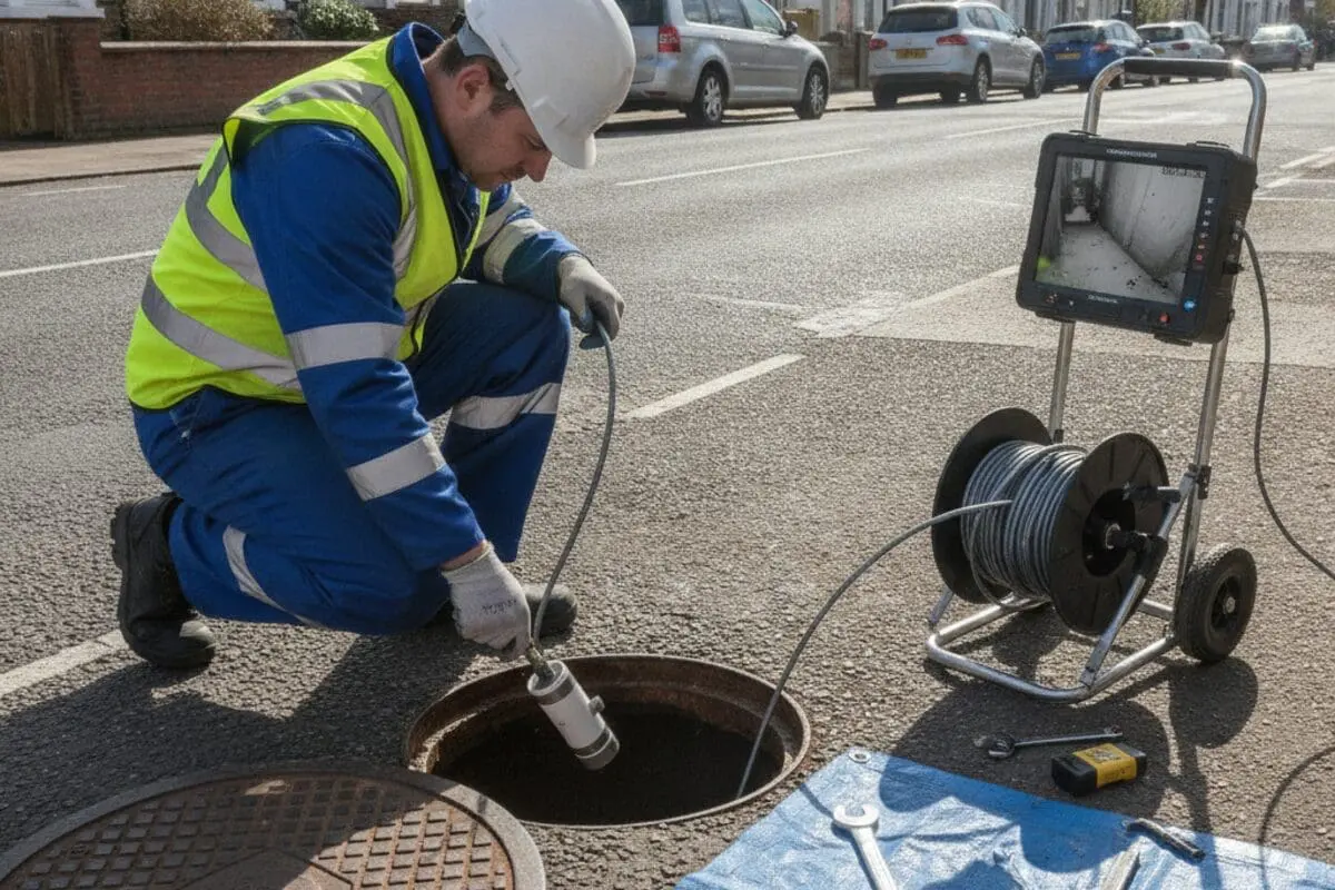 CCTV drain survey camera being fed into a drain pipe for inspection