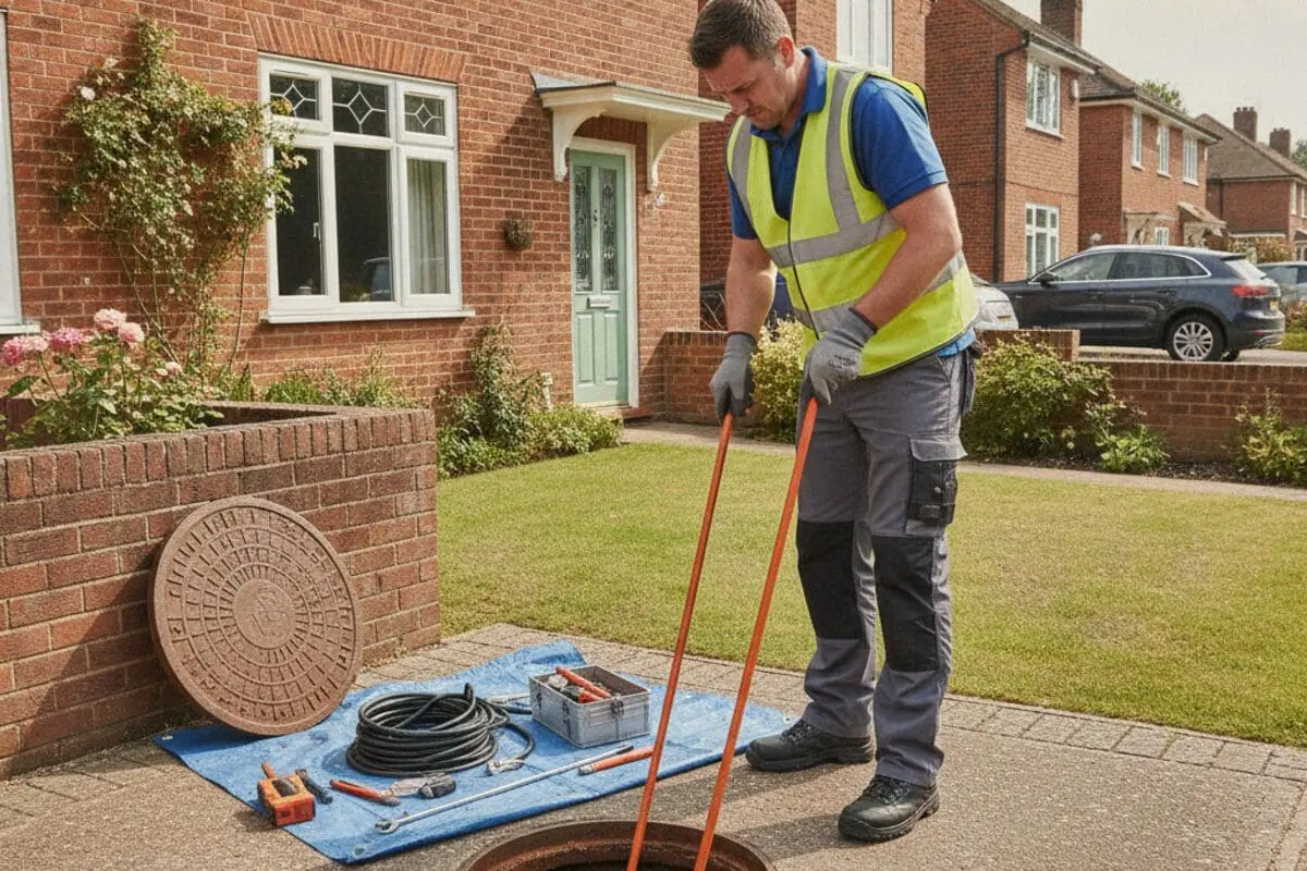 Engineer clearing a blocked drain with drain rods outside a house