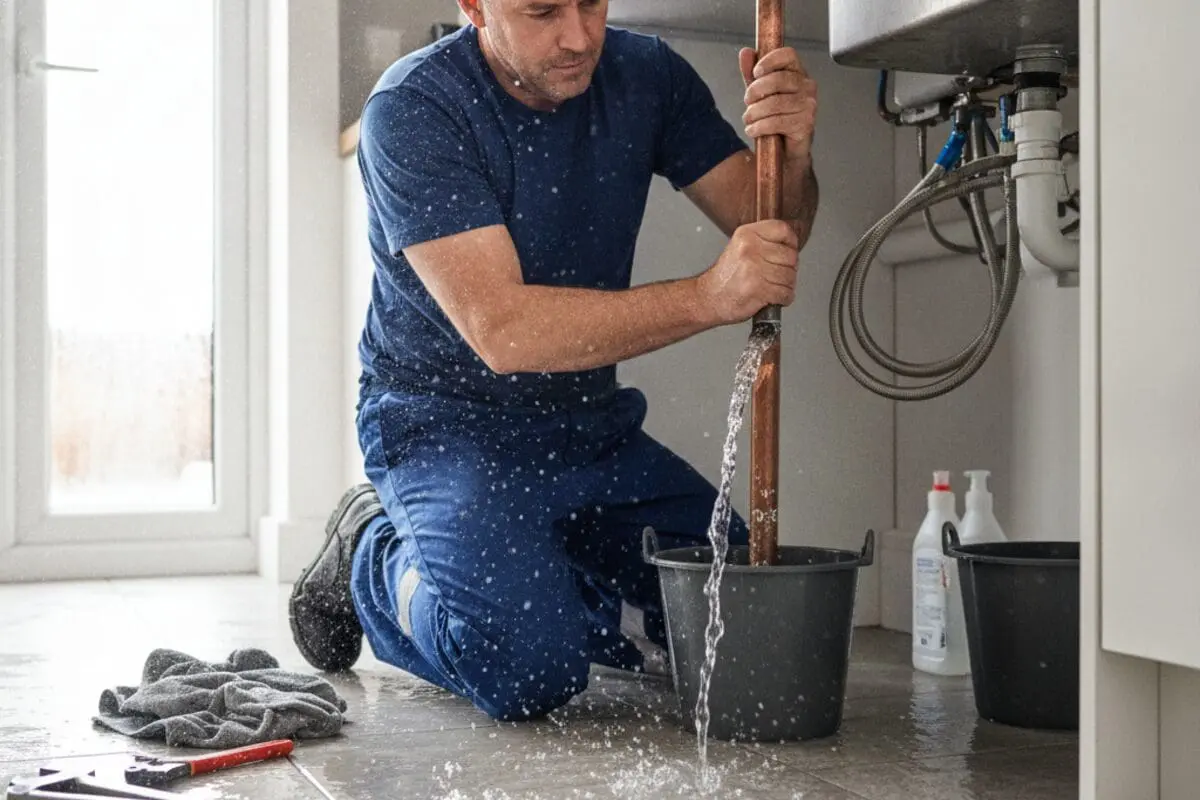 Emergency plumber working on a leaking pipe