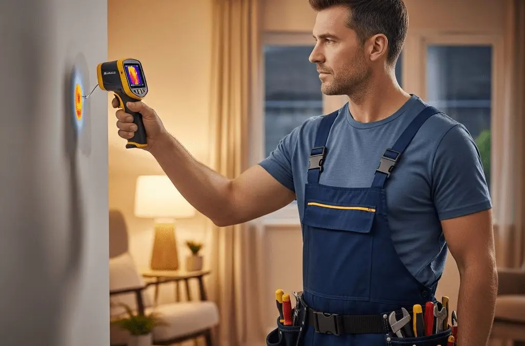 Plumber using thermal imaging camera to detect hidden water leak in Sheffield home