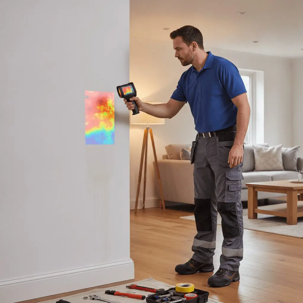 Plumber using thermal imaging camera to detect hidden water leak in Sheffield home