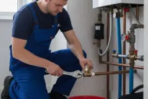Engineer tightening copper pipework beneath a boiler with an adjustable wrench