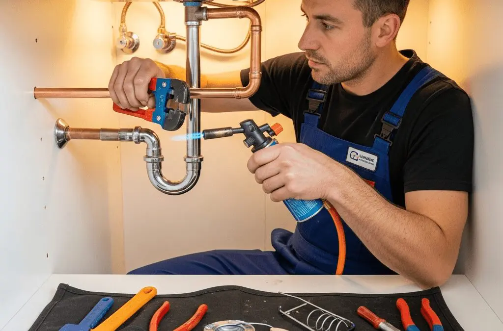Professional plumber fitting copper pipes under kitchen sink in Barnsley South Yorkshire