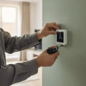Smart thermostat installation in Sheffield with digital display showing heating schedule