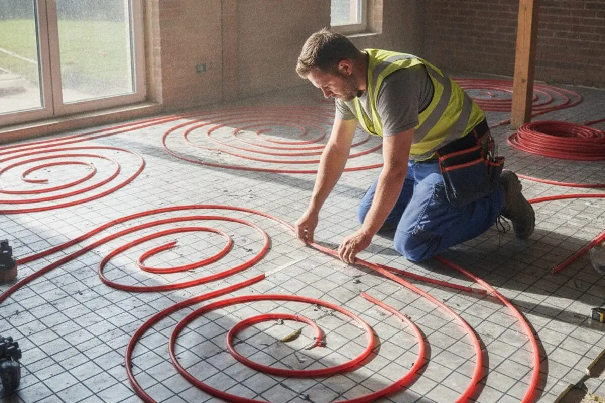 Underfloor heating pipework being installed
