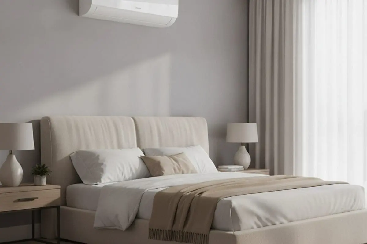 Energy-efficient wall-mounted air conditioning unit cooling a Sheffield bedroom