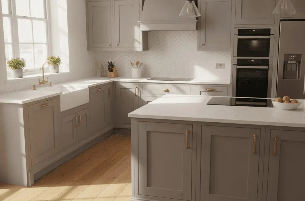 Modern kitchen renovation in a Chesterfield home — grey shaker units fitted by Heat365