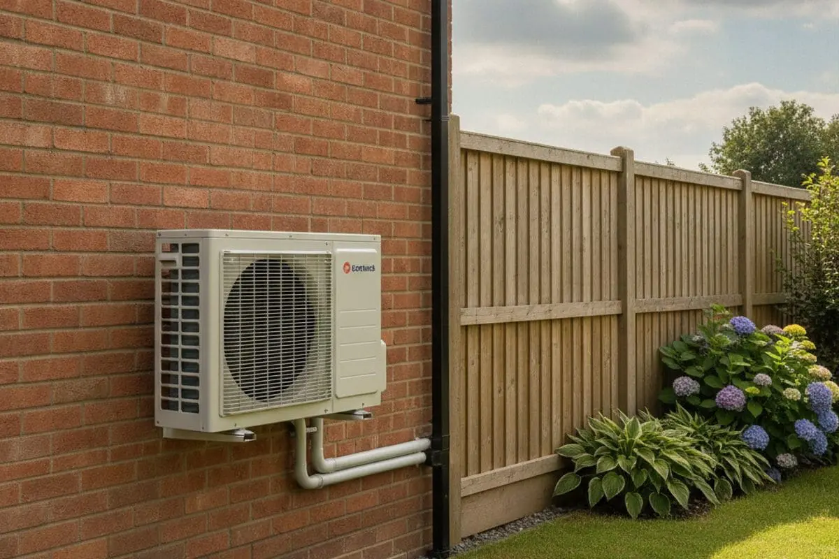 Air conditioning outdoor unit installed one metre from the boundary of a UK home