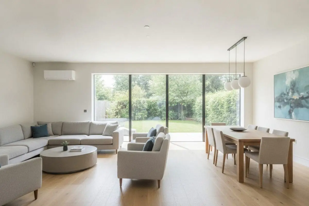Open-plan Sheffield living space cooled by an efficient air conditioning unit