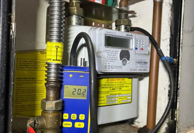 Gas meter and analyser reading taken during a Heat365 landlord gas safety check in Sheffield