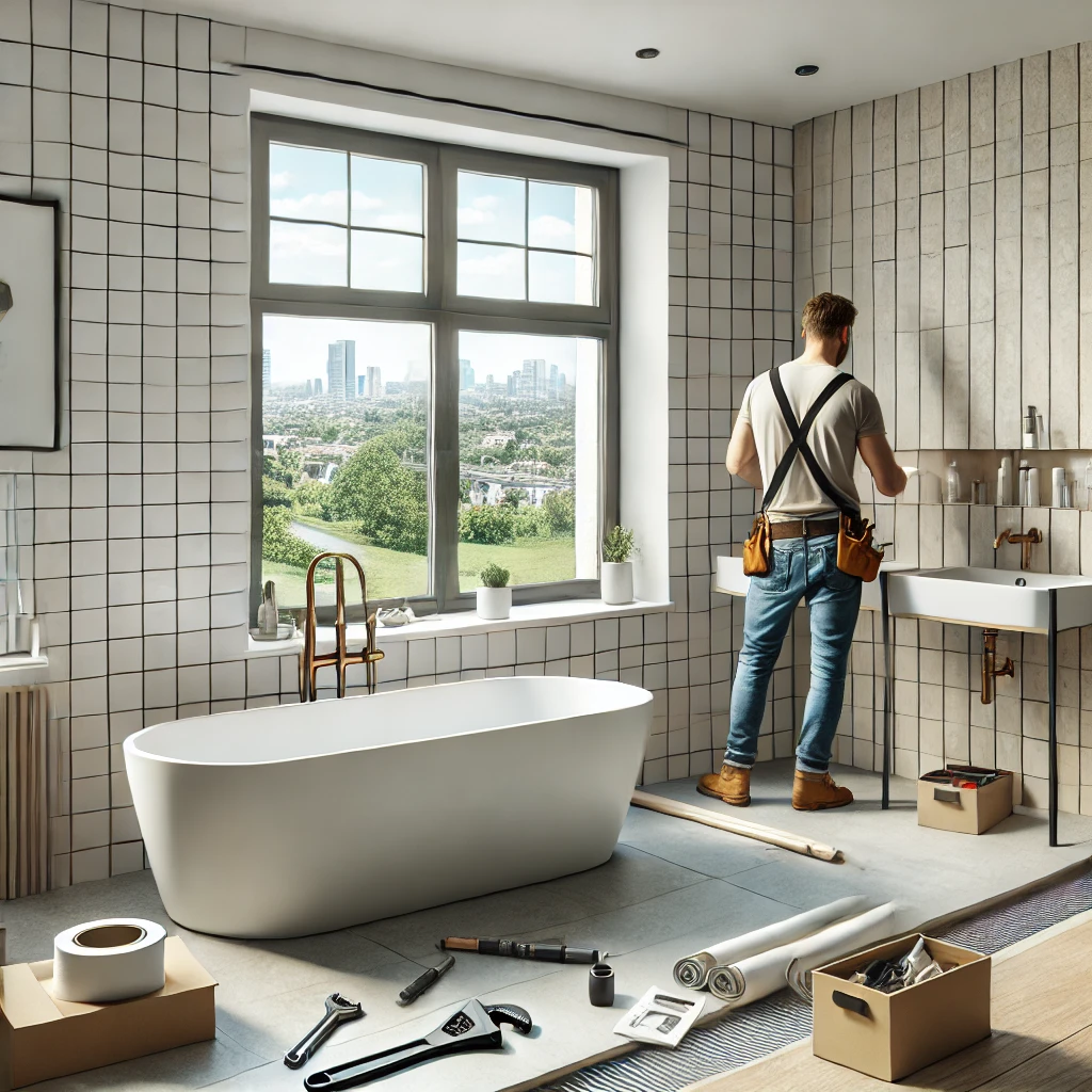 Modern bathroom renovation in progress with a plumber installing a new bathtub and working on fixtures.