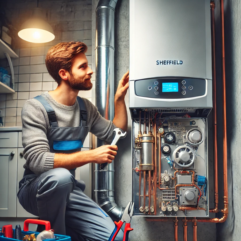 sheffield-boiler-repair-expert-heat365 Professional boiler repair expert fixing a home heating system in Sheffield.