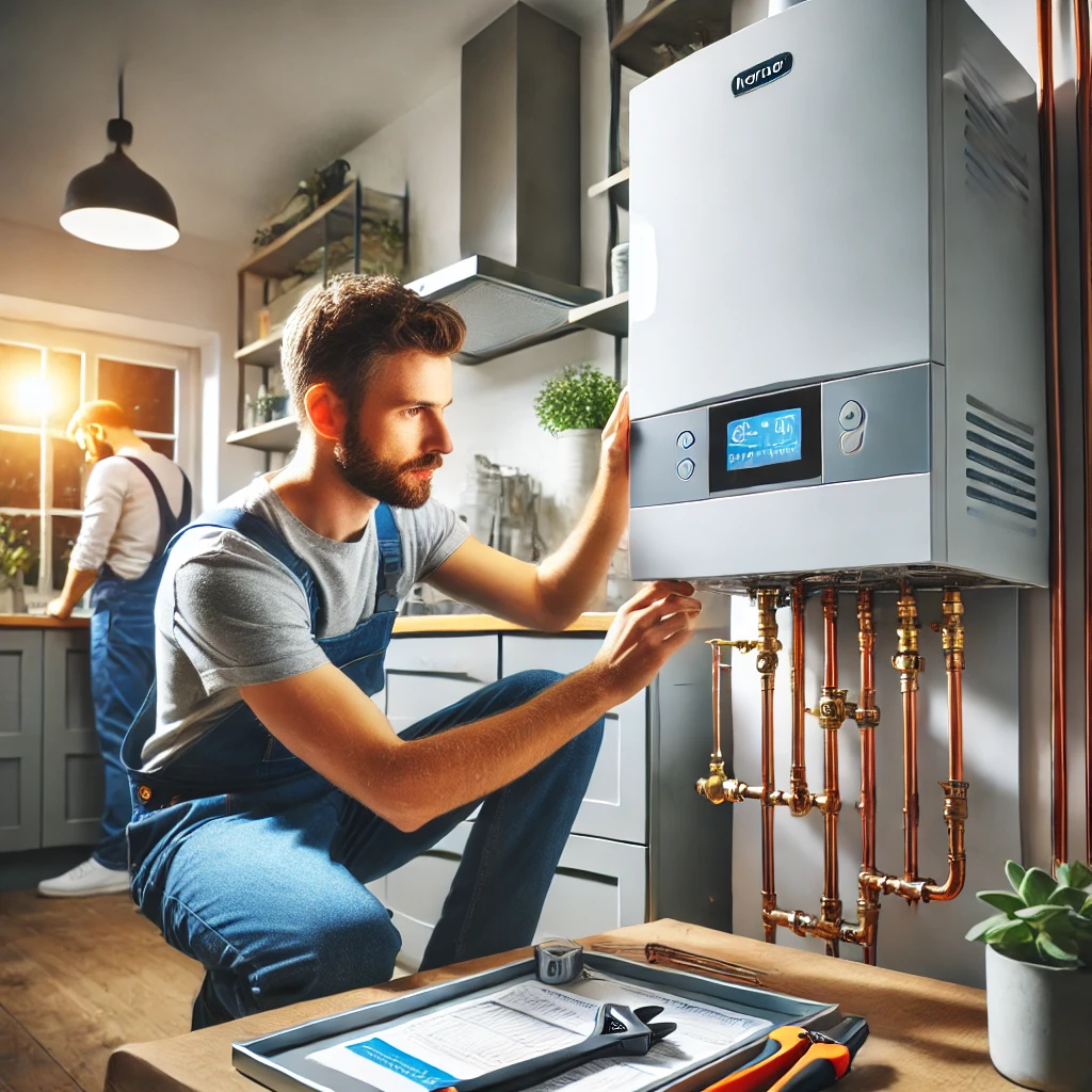 Professional plumber installing a new energy-efficient boiler in a Sheffield home.