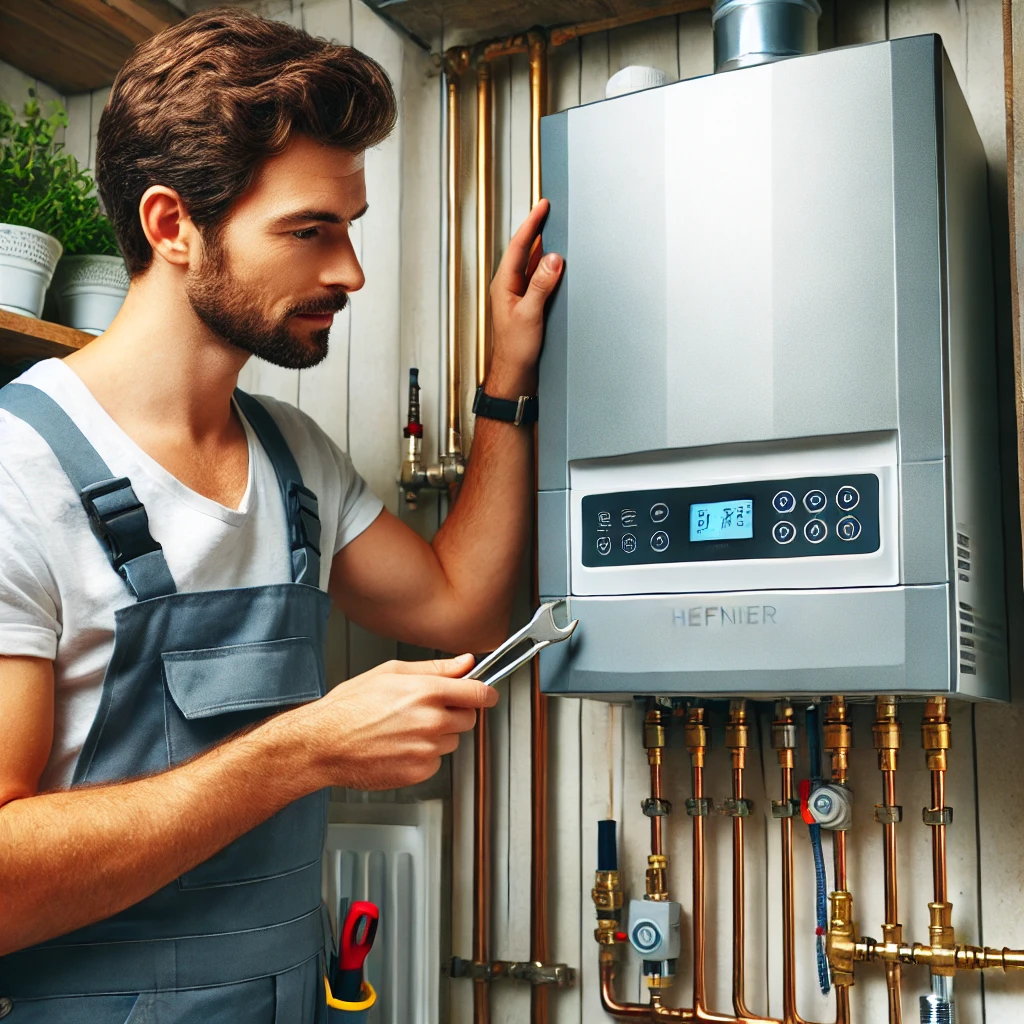 Professional boiler repair engineer inspecting a modern boiler system in a Sheffield home.